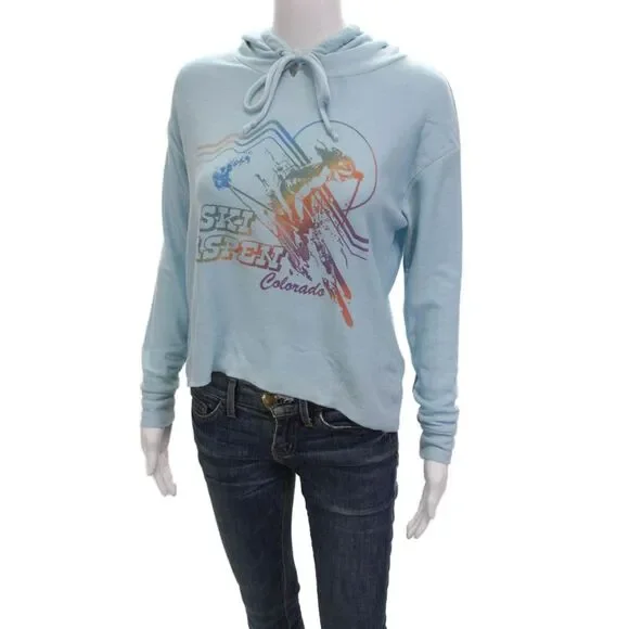 Chaser Womens Pullover Hoodie Light Blue Drawstring Ski Graphic Size S - Picture 2 of 6